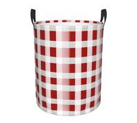 Red Checkered White Squares Print Large Round Laundry Hamper Bedroom Bathroom Living Room Foldable Storage Organizer