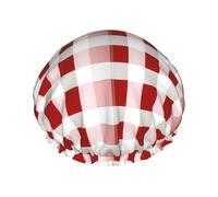 Red Checkered White Squares Print Shower Cap, Shower Cap for Women Reusable, Waterproof Bath Cap,Quick Drying Bath Hair Cap