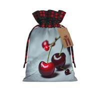 Red Cherries pattern Printed Reusable Gift Bags - Christmas Drawstring Pouches for Xmas, Birthday, Wedding, Holidays
