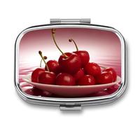 Red Cherries Pill Box 2 Compartment, Portable Pill Case with Mirror for Pocket Purse Travel, Mini Metal Medicine Organizer for Vitamins Fish Oil