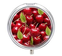 Red Cherries Pill Box Portable Pill Organizer with 3 Compartment and Small Mirror Travel Pillcase for Pocket Or Purse Round Medicine Organizer Decorative Vitamin Organizer