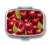 Red Cherries Pill Box Travel Pill Organizer 2 Compartment Weekly Pill Case with Mirror A Day Medicine Container Medicine Organizer for Purse, Pocket, Or Wallet