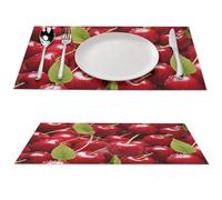 Red Cherries Placemats 6 PCS PVC Place Mats, Washable Heat Resistant Non-Slip Table Mats, Waterproof Placemats Set for Indoor & Outdoor Dining Table Kitchen Holiday Party