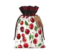 Red Cherries -Print Multi-Colored Burlap Drawstring Bags, Eco-Friendly Plaid Pouches For Wedding Party Favors & Custom Packaging. S