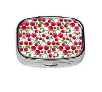 Red Cherries Print Pill Box 2 Compartment Medicine Pill Case,Portable for Pocket Or Purse Pill Box Decorative Metal Medicine Organizer