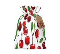 Red Cherries -Print Reusable Burlap Pouches - Rustic Wedding Favor Bags For Celebrations, Personalized Drawstring Bags Kraft Tag.