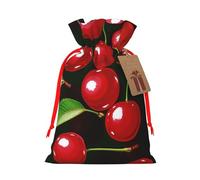 Red Cherries Printed Christmas Drawstring Bags for Xmas Gift Wrapping, Red Ribbon, M