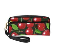 Red Cherries Printed Leather Makeup Bags with Wrist Strap Portable Travel Toiletry Bag Cosmetic Organizer Bag for Women