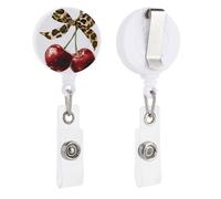 Red Cherries with Leopard Print Ribbon Bow Retractable Badge Holder Reel Clip ID Card Holder for Doctor Nurse Student Office Worker