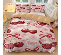 Red Cherry Bedding Set Pink Bow & Floral Print Duvet Cover Sweet Style Bedding for Kids & Adults Soft Microfiber Quilt Cover Cherries Pattern Bedroom Decor (style2,Single135x200cm+50x75cm*2)