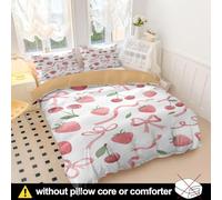 Red Cherry Bedding Set Pink Bow & Floral Print Duvet Cover Sweet Style Bedding for Kids & Adults Soft Microfiber Quilt Cover Cherries Pattern Bedroom Decor (style4,Double200x200cm+65x65cm*2)