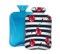 Red Cherry Black White Striped Hot Water Bottle with Cover, 2L Large Capacity Hot Water Bag for Hot Cold Compress, Hand Feet Warmer, Neck Shoulder Pain Relief