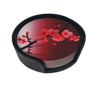 Red Cherry Blossom Coasters For Drinks Set Of 6 Leather Tea Cup Coaster Drink Coasters For Cup Kitchen Bar Home Decor Housewarming Gift