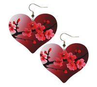 Red Cherry Blossom Heart Earrings Faux Leather Double Sided Drop Dangle Earrings Fashion Lightweight Jewelry Gifts For Women'S Ear Accessories