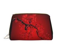 Red Cherry Blossom Leather Cosmetic Bag, Waterproof Cute Travel Toiletry Zipper Bag, Women's Cosmetic Storage Bag Set, Brown