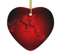 Red Cherry Blossom Printed decorative ornaments, ceramic heart-shaped ornaments, can be hung on Christmas trees and fireplaces