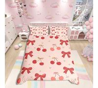 Red Cherry Bow Duvet Cover Set Super King Size,Princess Bow-tie Sweet Tropical Fruits Bedding Set,Cartoon Kawaii Bowknots Beige Comforter Cover(No Filler) for Adults,3 Pcs
