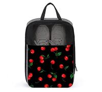 Red Cherry Fruit Black Shoe Bags for Travel Shoe Pouch Waterproof Large Shoes Storage Bag for Men Women, Travel Suitcase Shoe Organizer with Zipper & Mesh for Teens Sport