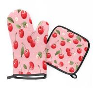 Red Cherry Fruit Flower Oven Mitts & Pot Holders BBQ Gloves, Heat Resistant Kitchen Oven Gloves Hot Pads for Cooking Baking