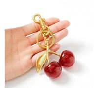 Red Cherry Keychain Charm for Women, Cute Fruit Bag Pendant with Gold Plated Leaf, Trendy Handbag & Purse Accessory, Multi-Use Keyring for Tote Backpack or Car Mirror Decor Gift