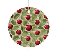 Red Cherry Pattern Double-Sided Ceramic Christmas Ornaments - Round Hanging Mini Xmas Tree Decorations, Ideas for Farmers, Rustic Home Decor for Indoor Outdoor Tree Decor