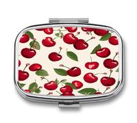 Red Cherry Pattern Pill Box 2-Compartment Portable Pill Case Square Metal Medication Organizer Small Weekly Medication Case with Mirror Stylish Vitamin Holder for Purse Pocket Travel