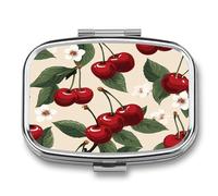 Red Cherry Pattern Pill Case Portable Medicine Organizer Compact Travel Pill Box Small Metal Medicine Box for Purse Pocket Pill Container Holder 2 Compartments Medication Holder