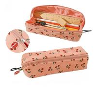 Red Cherry Pencil Pouch Cute Fruits Pink Canvas Soft Cloth Fabric Cosmetic Bag Pen Case (Cherry)