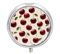Red Cherry Pill Box - 3 Compartment Travel Pill Organizer with Small Mirror, Portable Pillcase for Pocket & Purse, Cute Round Medicine Case, Weekly Medicine Container