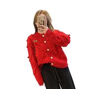 Red Cherry Women's Vintage Knitted Cardigan, Soft Thick Autumn Pullover, Elegant Open Front, Long Sleeve Jacket, One Size