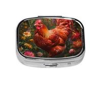Red Chicken_1 Square Mini Pill Case, Compact Metal Pocket Pill Box with 2 Compartments for Travel