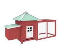 Red Chicken Coop with Nest Box, Solid Firwood, 190x72x102 cm | Galvanised wire mesh run, tilting waterproof roof, openable nest box top, suitable for small poultry
