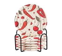 Red Chili and Cherries Pattern Coasters Absorbant Coasters for Dining Table with Holder Set of 6 Minimalist Coaster Cup Coaster for Tabletop Protection Home Decor