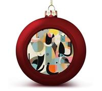 Red Christmas Ball Ornament - Mid-Century Modern Art Cat Shatterproof Plastic Xmas Tree Decorations, 3 Inch Christmas Tree Decor Hanging Ball for Holiday Wedding Party Decor