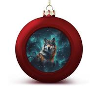 Red Christmas Ball Ornament - Wolf Under The Starry Sky Shatterproof Plastic Xmas Tree Decorations, 3 Inch Christmas Tree Decor Hanging Ball for Holiday Wedding Party Decor
