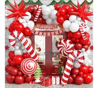 Red Christmas Balloon Arch Kit - 134 Pcs Ruby and White Garland With Big Star Cane Windmill Candy Foil Balloon *8, Pearl White Bright Dark Red Balloons for Merry Holiday Decor
