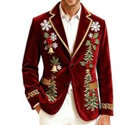 Red Christmas Blazer Jacket for Men Corduroy Novelty Coat Santa Claus Funny Jackets Reindeer Snowflake Printed Tuxedo Slim Fit Lapel Suit Ugly Xmas Coats Holiday Party Orange Purple Casual Outwear