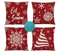 red Christmas Cushion Covers 70cm x 70cm Set of 4 Waterproof Outdoor Square Linen Cushions with Invisible Zipper Dual-Sided Printed Decorative Pillows Ideal for Indoor Outdoor Patio Garden Home Decor