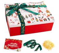 Red Christmas Gift Boxes for Present, Christmas Gift Box with White Lids | 29x21x10cm Medium/Large Luxury Xmas Gift Box for Presents with Lids Ribbon Card Raffia, Sturdy Foldable Cardboard Boxes