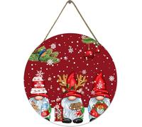 Red Christmas Gnome Snowflake Welcome - Merry Xmas Round Wooden Plaque Decoration, Home Office Farmhouse Yard Garden Synthetic Round Wood Sign 12 x 12 inch