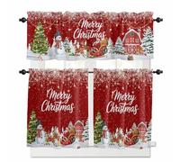 Red Christmas Kitchen Curtains Set Small Half Curtains 24 Inches Length, Santa Snowman Snowflake Rod Pocket Window Treatment, Elk Xmas Tree Winter Bedroom Tiers and Valance Set for Cafe Bathroom