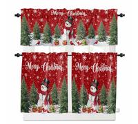 Red Christmas Kitchen Curtains Set Small Half Curtains 24 Inches Length, Snowman Xmas Tree Rod Pocket Window Treatment, Gifts Snowflake Winter Bedroom Tiers and Valance Set for Cafe Bathroom