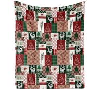 Red Christmas Patchwork Blanket Throw, Super Soft Cozy Flannel Fleece Xmas Blanket with Reindeer Snowflakes Pattern, 130x150cm