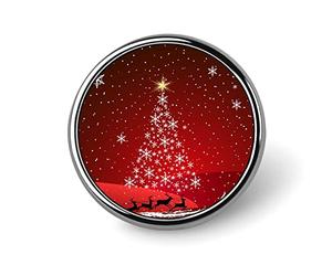 Red Christmas Snowflakes Tree Santa Claus in a Sleigh in Flight Round Brooch Pin, Unisex Smooth Surface Lapel Tie Pin, Lightweight Badge Jewelry Crafts Decor for Costume Accessory Men Women