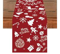 Red Christmas Table Runner, 13 x 72 Inch Xmas White Rentier Wreath Snowflake Pattern Table Runner, Seasonal Winter Holiday Kitchen Dining Table Line Decoration Indoor Outdoor Home Party Decor