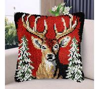 Red Christmas Tree and Reindeer DIY Latch Hook Kits Pillow with Printed Canvas Handmade Cushion Crochet Yarn Embroidery Hook and Latch Kit Pillowcase Christmas Decoration 43x43cm