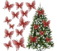 Red Christmas Tree Butterfly Ornaments Glitter Butterfly Decorations Artificial Butterflies with Clip & Stem for Xmas Party Wreath Garland Decor - 12-Pack 5inch 3D Hollow Butterflies