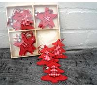 Red Christmas Tree Decorations - Tree & Star Wooden Tree Decorations - Set of 12 Boxed (ZF317)