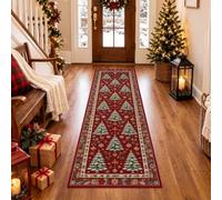 Red Christmas Tree Hallway Runner Rug 60x180cm, Snowy Christmas Carpet | Gold Baubles Holly Berry Long Carpet, Non-Slip Washable Low Pile Festive Floor Mat for Kitchen Entrance