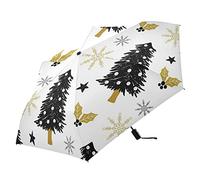 Red Christmas Trees Holly Gold Snowflakes Stars Seamless on White Automatic Lightweight Folding Umbrella, Auto Open/Close Portable Sun Travel Parasol, Compact Anti-UV Strong Rain Umbrella